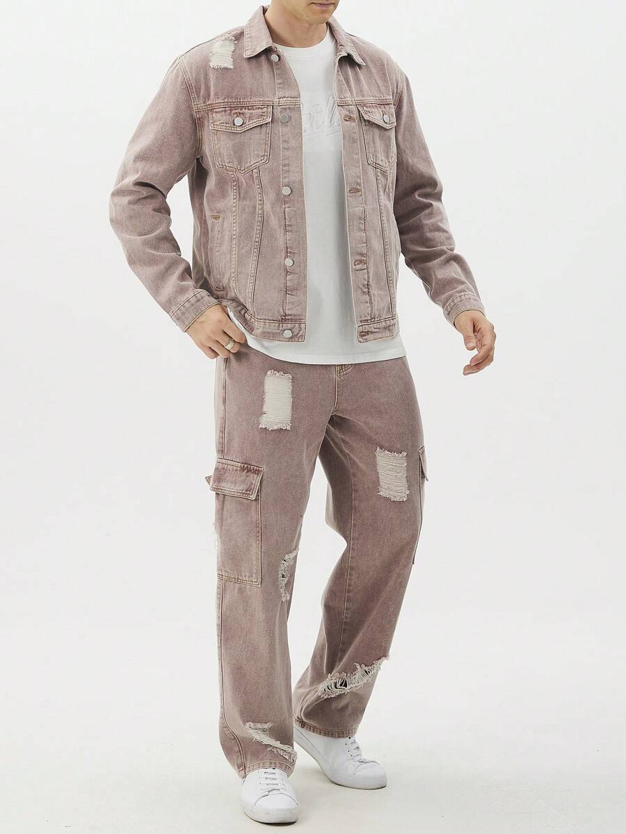 Manfinity Roughcore Men's Solid Color Casual Long Sleeve Top And Jeans Pants Set