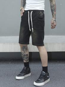 Manfinity EMRG Pantalones cortos vaqueros casuales con cordón y bolsillos para hombre - Negro - Ver 5