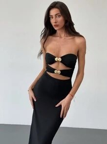 Aloruh Đầm bodycon dài khoét sâu màu đen tối giản thanh lịch có khóa kim loại trang trí cho nữ, mùa xuân hè - màu đen - Xem 7