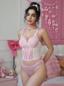 SHEIN Conjunto de sutiã sensual com renda franzida e barra de renda em contraste rosa romântico para mulheres - Rosa chiclete - Visão 3