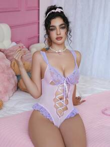 SHEIN 女士性感蕾丝拼布撞色荷叶边交叉连体裤 - 淺粉色 - 查看 5