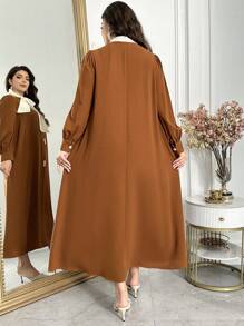 Al Najma Plus Size Dames Strik Hals Lange Mouw Knoop Decor Jurk, Arabische Stijl, Kaftan Jalabiya Jurk Voor Avondfeesten/Bruiloftsgasten