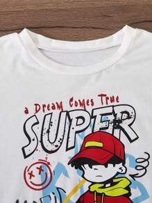 SHEIN Tween Boy's Casual Cartoon Letter Print Crew Neck Short Sleeve T-Shirt And Shorts Set, Summer - White - View 4
