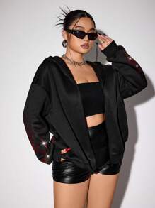 SHEIN ICON بلوفر مقنع مزين باللهب والأحجار الكريمة المرصعة لمقاسات الكبيرة للسيدات