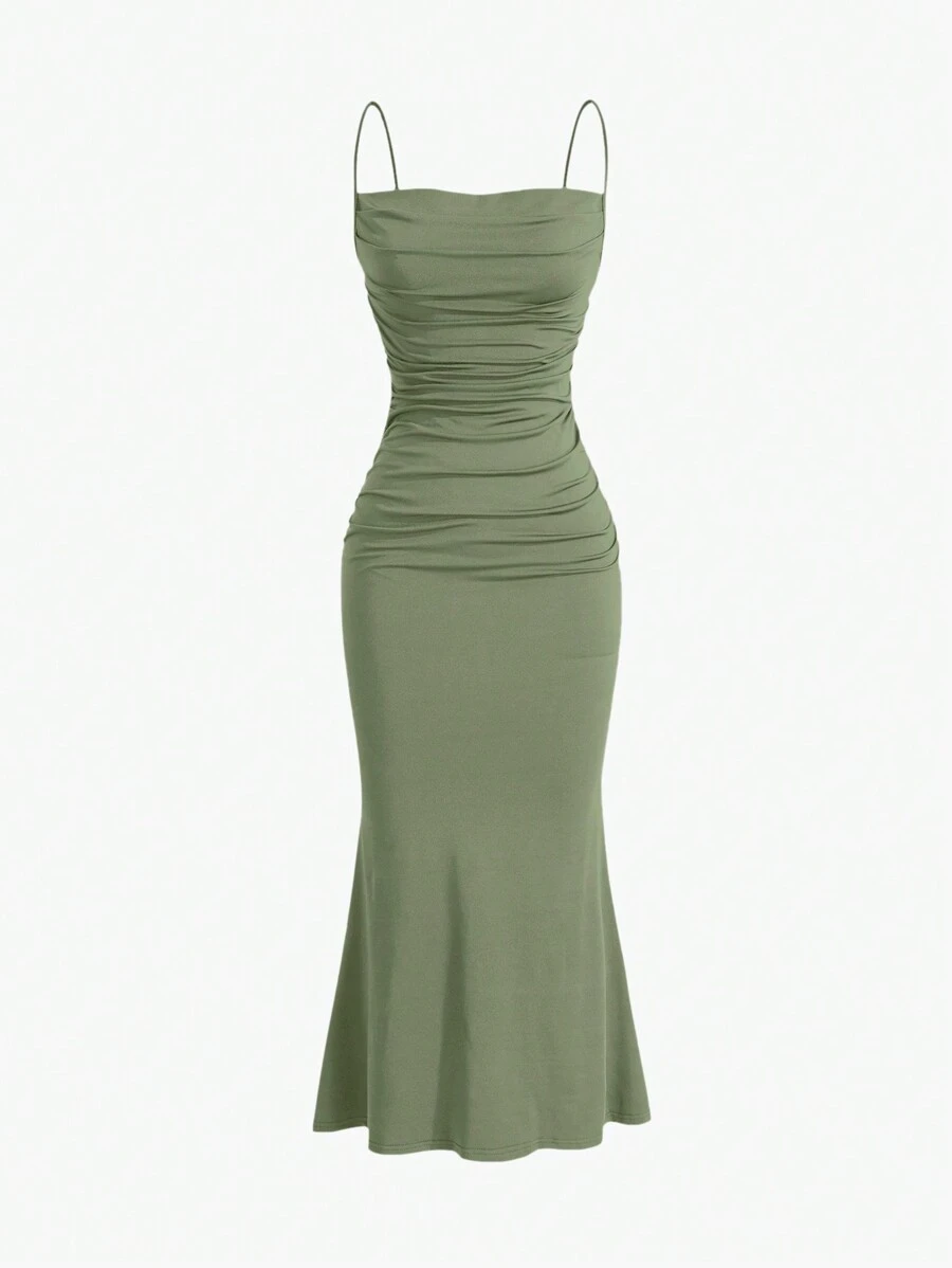 Sweetra Women's Solid Color Pleated Ruffle Hem Elegant Spaghetti Strap Dress, Summer Maxi Women Outfit - Mint Green - View 1