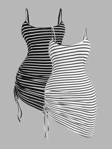 Flirla Striped Plus Size Adjustable Strap Jumper Dress