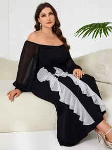 Modelyn Rochie de zi cu umăr dezactivată simplă, cu bloc de culoare, de mărime Plus - Negru - Vizualizare 3