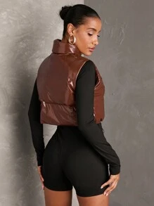 SHEIN BAE 女士简约纯色短款皮夹棉外套、羽绒背心皮夹克秋季女款 - 黑與白 - 查看 3