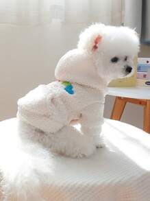 PETSIN 1pc Apricot Plush Pet Hoodie With Colorful Heart & Letter Embroidered, Casual & Cozy Dog Coat For Autumn & Winter - White - View 2
