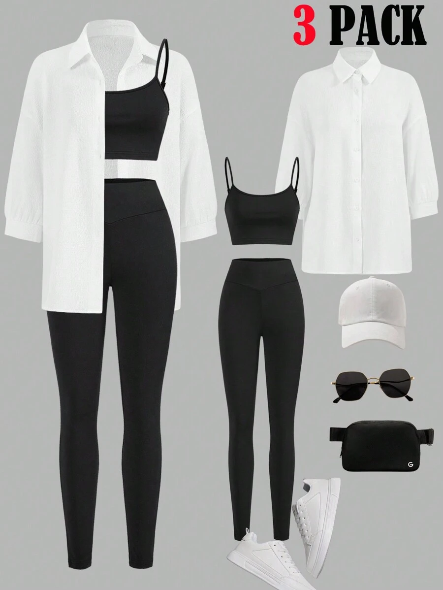 SHEIN LUNE 3pcs Women Airport Outfit Set: Long Sleeve Shirt, Camisole And Leggings - Black and White - View 1