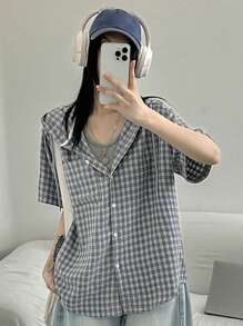 DAZY Women's Summer Casual Hooded Plaid Loose Blouse,Flannels Women - Blue - View 3