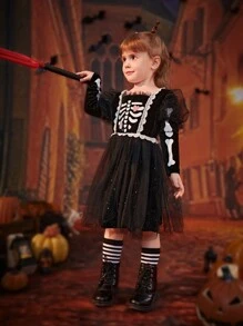 SHEIN Glamorique Kids 年轻女孩万圣节公主服装，长袖蕾丝花边心形印花网眼派对连衣裙，适合外出、度假、秋冬季，黑色 - 黑色 - 查看 4