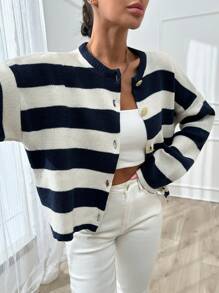 EURMUSE 女士条纹圆领前扣开衫