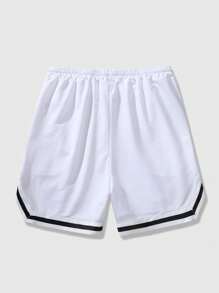 ROMWE MEN Street Life Men Bear & Letter Graphic Striped Trim Drawstring Shorts, School - White - View 2