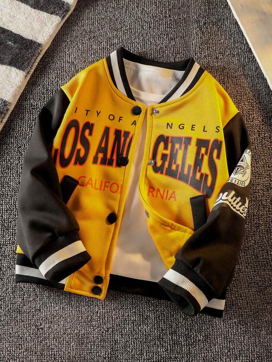 SHEIN Men's Casual Cool Letter Print Drop Shoulder Varsity Jacket, Spring & Fall - Multicolor - View 1