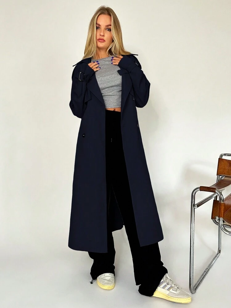 SHEIN EZwear 秋冬用 ダブルブレスト ベルト付きトレンチコート