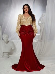 Glamrae Vestido de fiesta formal de longitud hasta el suelo con cola de pez, manga larga, volantes asimétricos, tejido de satén elástico con bloque de color y bordado elegante y de lujo, para eventos como graduación, cena, invitado de boda en talla grande