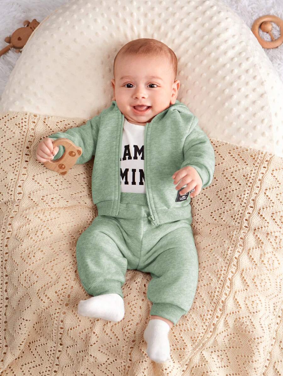 SHEIN 3 Bộ áo liền quần và quần dài có mũ trùm đầu cho bé sơ sinh hoạt hình - màu xanh lá - Xem 1