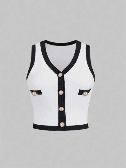 SHEIN MOD Plus Size Vintage Elegant Black & White Contrast Knitted Tank Top