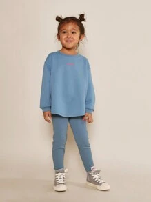 SUMWON 年轻女孩日常运动衫和罗纹打底裤两件套，带图案印花 - 藍色 - 查看 5