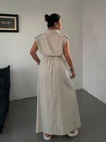 POPSWAY Plus Size 2pcs/Set Sleeveless Zipper Crop Top And High Slit Hem Skirt Set - Apricot - View 2