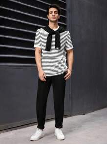 Manfinity BRENVOR 男士条纹针织修身休闲圆领短袖 T 恤，适合夏季