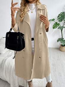 SHEIN LUNE 纯色双排扣口袋系带长袖绒面羊毛风衣