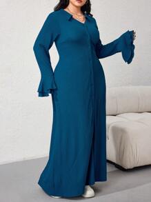 Mulvari 大码女式纯色喇叭袖单排扣长款休闲连衣裙，春夏 - 水鴨藍 - 查看 4