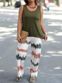 Plus Size Nữ Màu Trơn Đơn Giản Mặc Hàng Ngày Áo Không Tay Và In Quần Dài - Nhiều màu - Xem 4
