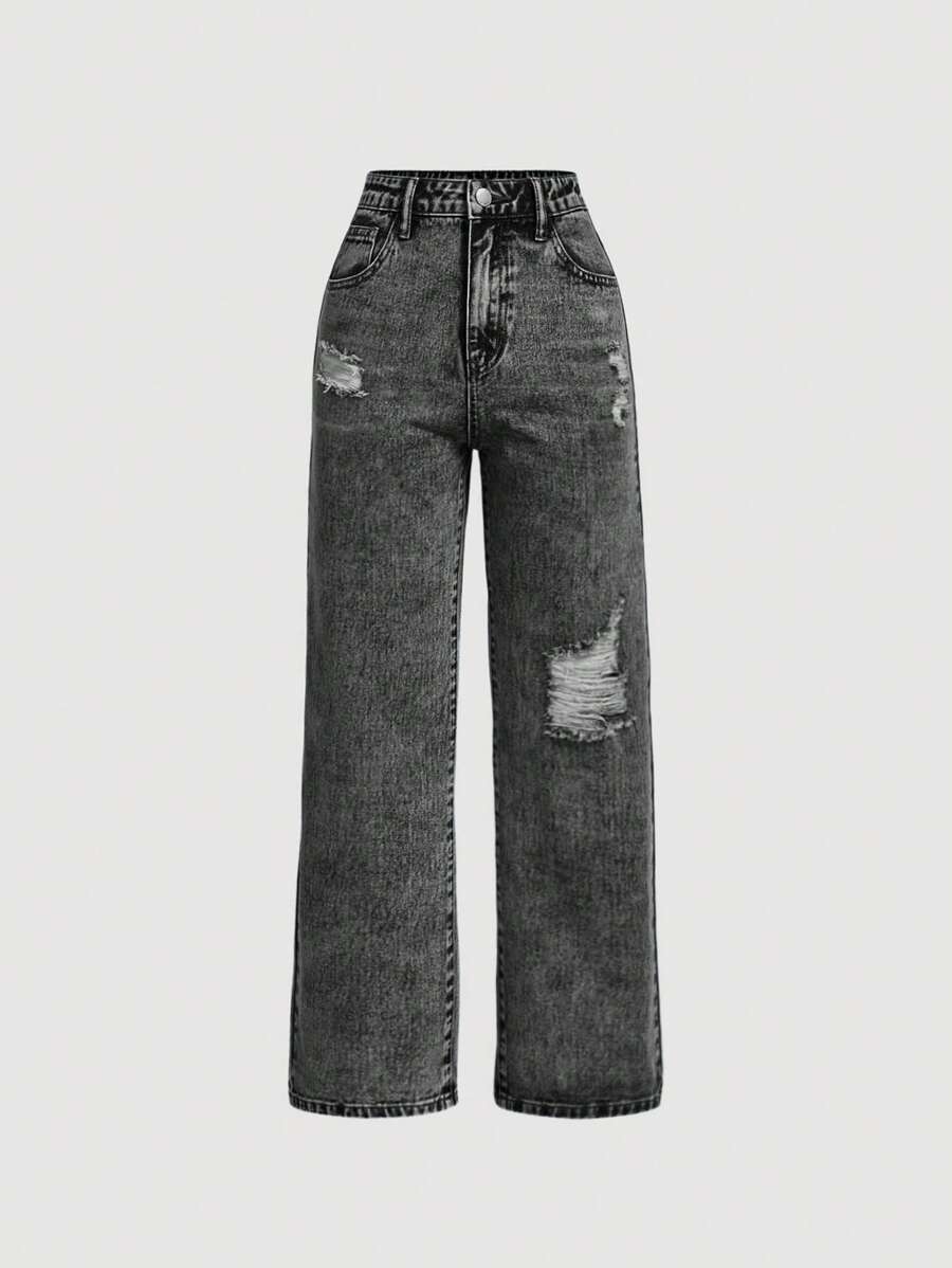 SHEIN Girlism Jeans en denim décontractés et droits avec poches déchirés pour adolescentes - Noir - Voir 1