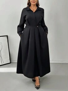 Firerie Plus Size Comfy Casual Simple Pleated Shirt Dress Women Long Sleeve A-Line Loose Black Dresses, Spring & Autumn - Black - View 2