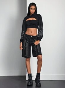 Women's Loose Bermuda Denim Shorts With Pockets - Black - View 4