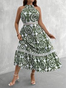 SHEIN Clasi Plus Size Women Boho Plant Print Ruffle Hem Halter Dress For Vacation, For Summer - Green - View 4