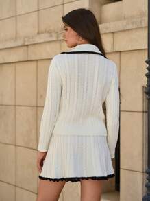 EURMUSE Women Cable Knit Pattern Collar Neck Pullover & Sweater Skirt Set - Beige - View 6