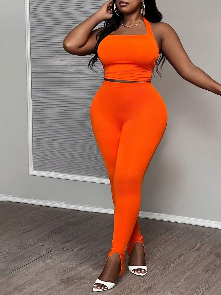 Slaydiva Plus Size Women's Halter Neck Sleeveless Top And Tight Pants Two Piece Set - Orange - View 1