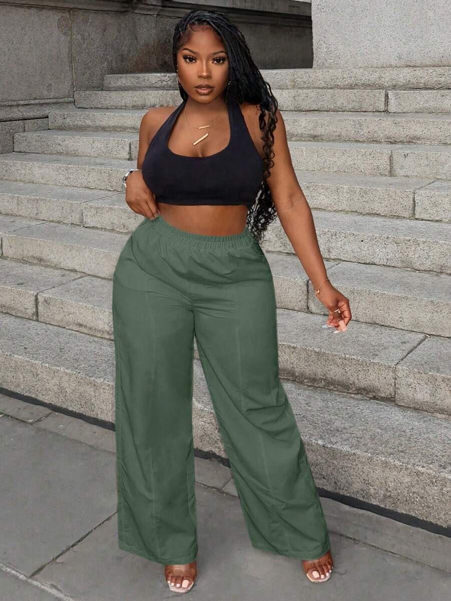 Slaydiva Casual White Straight Leg Utility Pants With Pockets - Green - View 1