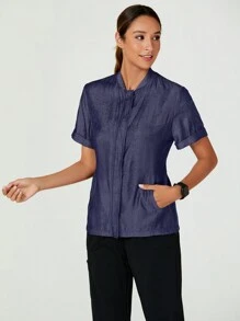 TaskEZ Bata de chef de manga corta con paneles laterales de malla técnica, 3 bolsillos, de estilo informal para el trabajo, para mujeres