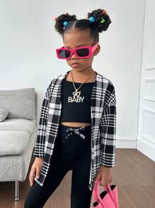 SHEIN Young Girl Plaid Print Open Front Top & Cami Top & Leggings