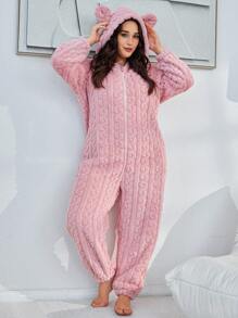 Macacão de Dormir Acolchoado com Capuz em Jacquard Plus Size, para Outono e Inverno, Fofo e Confortável