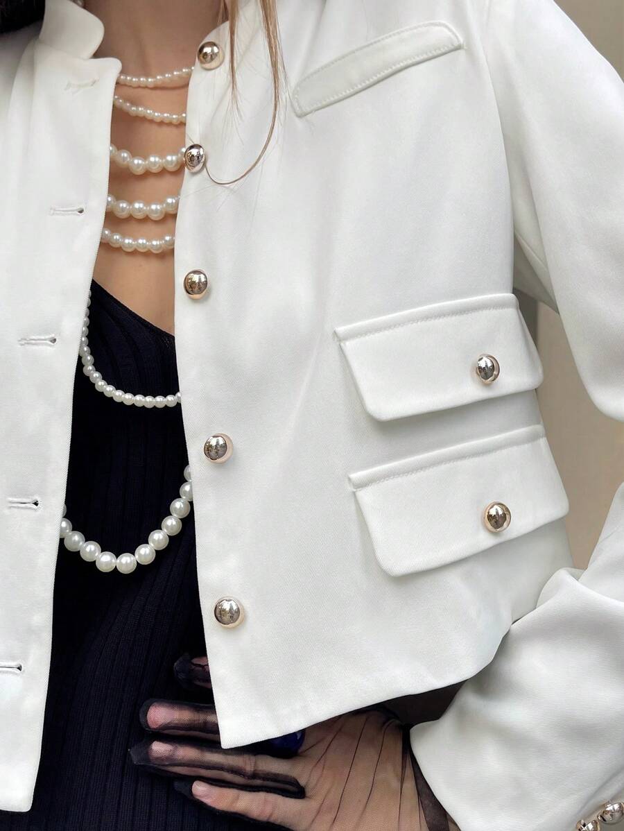 Chiquease Women's Elegant Loose Stand Collar White Long Sleeve Casual Jacket Fall Cloth For Women - White - View 1