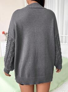 Flirla Plus Size Braided Knit Sweater With Lantern Sleeves Knit Pullover Fall Winter - Dark Grey - View 2