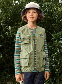 SHEIN Chaleco sin mangas informal con múltiples bolsillos a cuadros para niños preadolescentes para ocio y actividades al aire libre