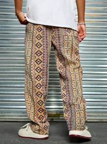 Manfinity RSRT Men's Fashionable Casual Geometric Pattern Textured Jacquard Long Baggy Pants, Going Out Long Straight Leg Slacks Pants, For Husband, Boyfriend Gifts, Fall