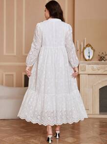 Mulvari 加大码系带长袖条纹设计优雅优雅连衣裙，优雅 A 字裙，长款女装秋季服装 - 白色 - 查看 2