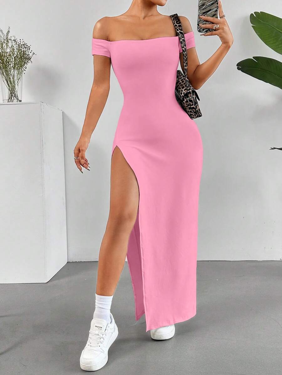 SHEIN EZwear 女士夏季纯色露肩高开叉连衣裙 - 粉色 - 查看 1