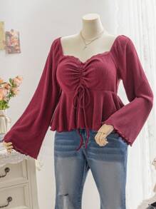 Soleia Camisa de manga abullonada con cordón de cierre frontal central, elástica y de punto, con sensación cálida acariciada, para vacaciones, talla grande, para otoño e invierno