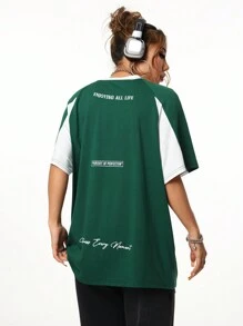 Coolane Women's Oversized Streetwear Fashion Race Car Graphic Splice Color Block Short Sleeve T-Shirt