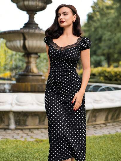 Vintamour 大码女装 复古优雅波尔卡圆点蕾丝拼布心形领泡泡袖黑白办公室休闲装 女士夏季服装 女士夏季连衣裙 夏季服装 婚礼宾客礼服 女士度假服装 女士度假服装 女士毕业礼服 女士黑色连衣裙 大码女士连衣裙 优雅的复活节连衣裙 女士优雅连衣裙 女士生日连衣裙 女士度假连衣裙