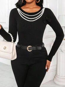 SHEIN Clasi Women's Autumn/Winter Bow & Faux Pearl Decor Sweater, Knit Pullover Fall - Black - View 1