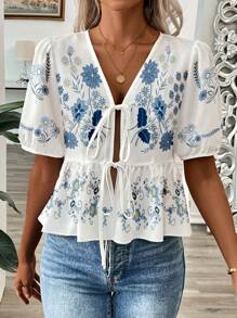 SHEIN LUNE Women's Floral Print V-Neck Tie-Up Splice Short Cardigan Shirt, Summer Peplum Top - Baby Blue - View 5